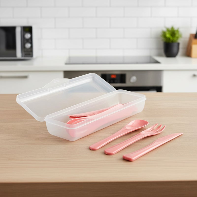 Herevin Boxed Polypropylene Cutlery Set - Pink | 12 Pcs (4 Spoons, 4 Forks, 4 Knives + Storage Box) | Reusable Plastic Tableware for Home, Office, Travel & Kids - Image 5